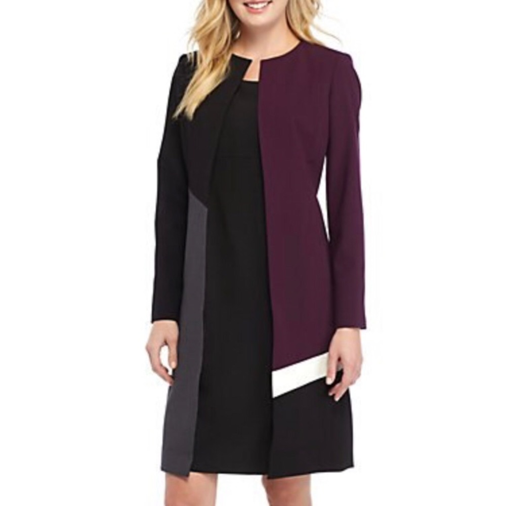 Calvin Klein Colorblock Open Front Coat - Black, Plum, Gray, White